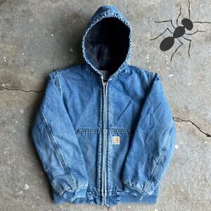 Vintage y2k YOUTH denim blue jean carhartt hooded work wear jacket